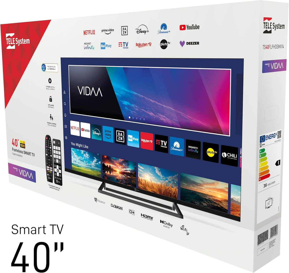 TELE System Smart TV 40 Inch Full HD LED Frameless, Certificato CAM tivùsat, HbbTV, HDR10 HLG, powered by VIDAA, Dual Remote Control Included.