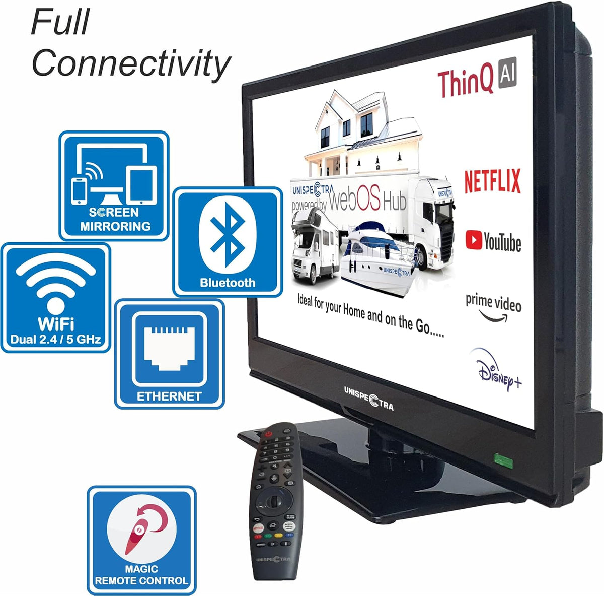 Unispectra ® 16" Smart TV (webOS) 12V Full HD LED 230v 24v Triple Tuner: Satellite, Terrestrial, cable. HDMI USB Telecomando magico TV 12V for camper, caravan, furgone, boat
