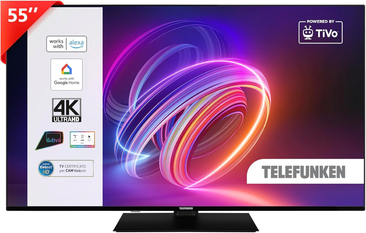 TELEFUNKEN 2025 Smart TV 55" Ultra HD TE55750B46I2PZ, TiVo TV LED 55 Inch, Compatible with Alexa and Google Assistant, DVB-I, Digital DVB-T2, Dolby Vision, HDR10