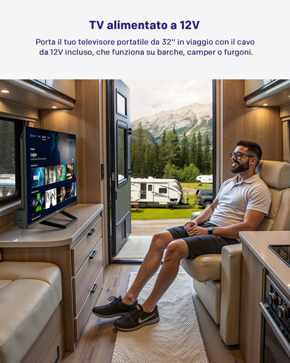 Strong SRT32HG4723C 32'' TV HD - DVB-S2/C/T2, 12V ideal for camper, Kitchen, bedroom, boat, 2 HDMI ports (1 ARC) + 1 USB port + Mini-AV + Input antenna/satellite - Black