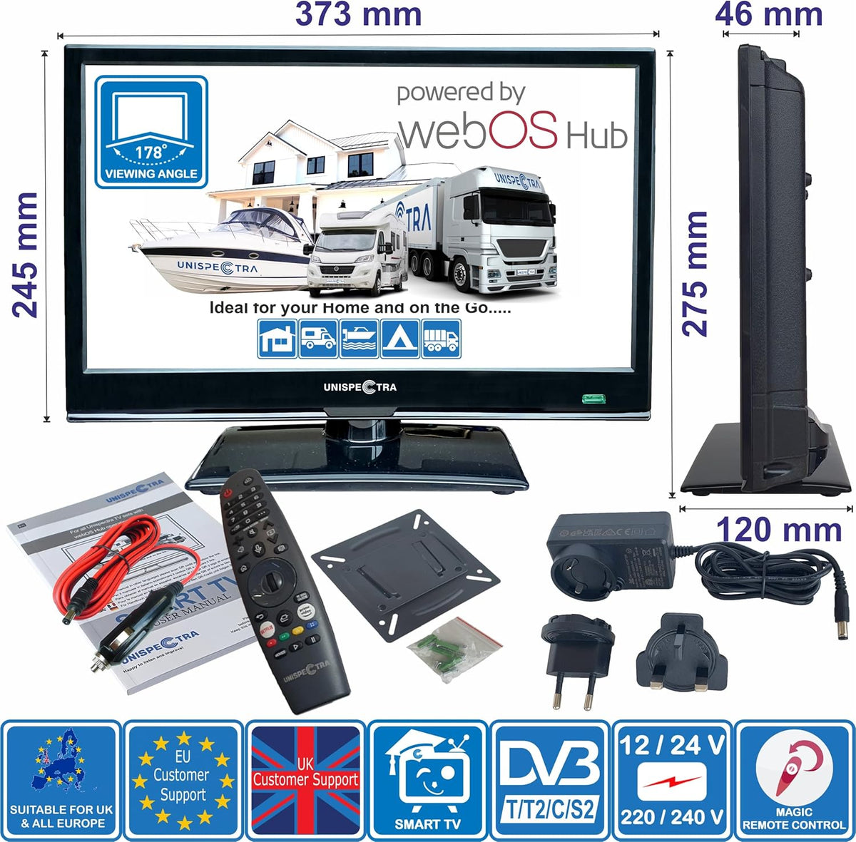 Unispectra ® 16" Smart TV (webOS) 12V Full HD LED 230v 24v Triple Tuner: Satellite, Terrestrial, cable. HDMI USB Telecomando magico TV 12V for camper, caravan, furgone, boat
