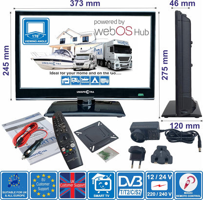 Unispectra ® 16" Smart TV (webOS) 12V Full HD LED 230v 24v Triple Tuner: Satellite, Terrestrial, cable. HDMI USB Telecomando magico TV 12V for camper, caravan, furgone, boat