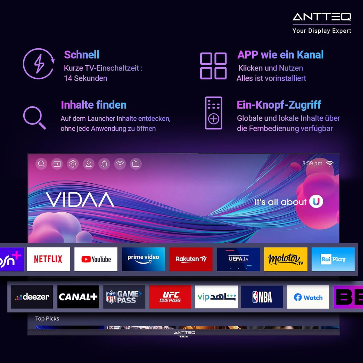 AV42F3 Smart TV 42 Inch (106 cm) TV with Prime Video, Youtube, Wi-Fi, Triple-Tuner DVB-T2 / S2 / C