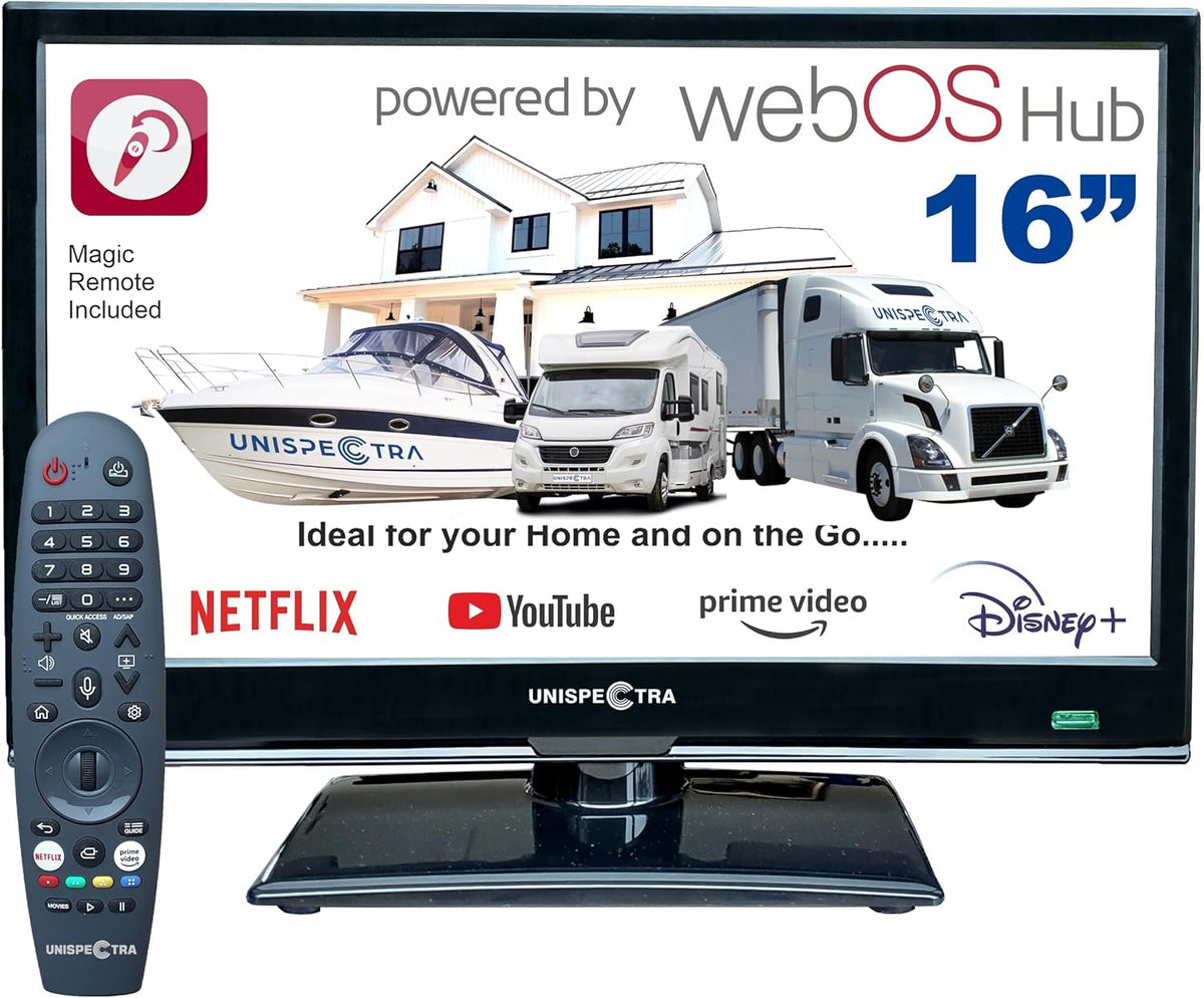 Unispectra ® 16" Smart TV (webOS) 12V Full HD LED 230v 24v Triple Tuner: Satellite, Terrestrial, cable. HDMI USB Telecomando magico TV 12V for camper, caravan, furgone, boat
