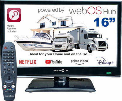 Unispectra ® 16" Smart TV (webOS) 12V Full HD LED 230v 24v Triple Tuner: Satellite, Terrestrial, cable. HDMI USB Telecomando magico TV 12V for camper, caravan, furgone, boat