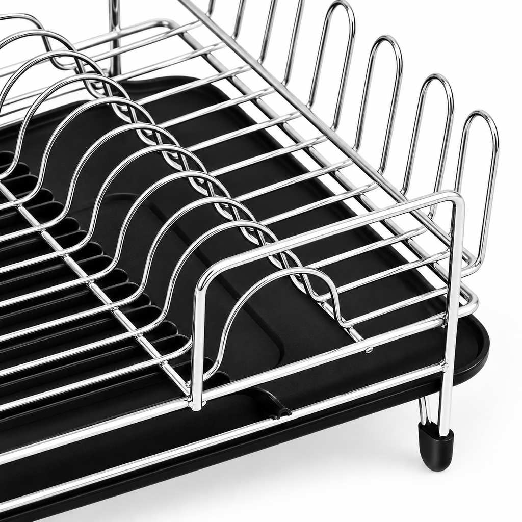 Close-up of the black expandable dish rack frame and drainboard