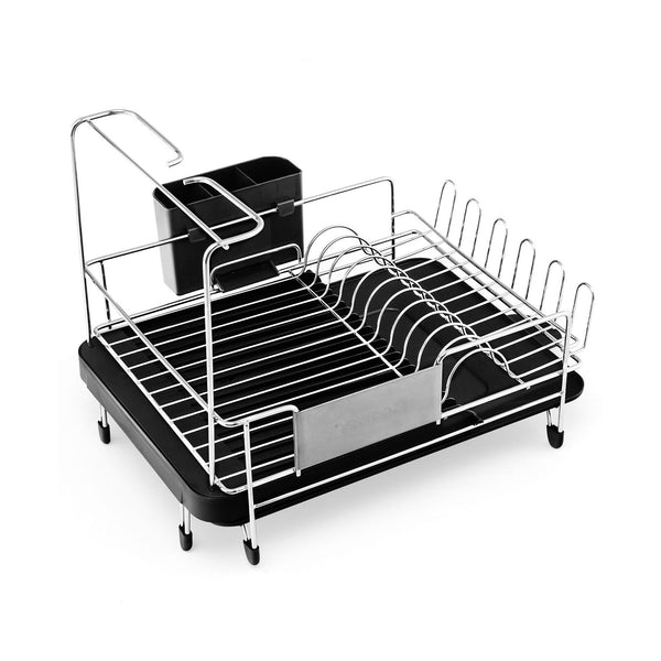 Black expandable dish rack on white background