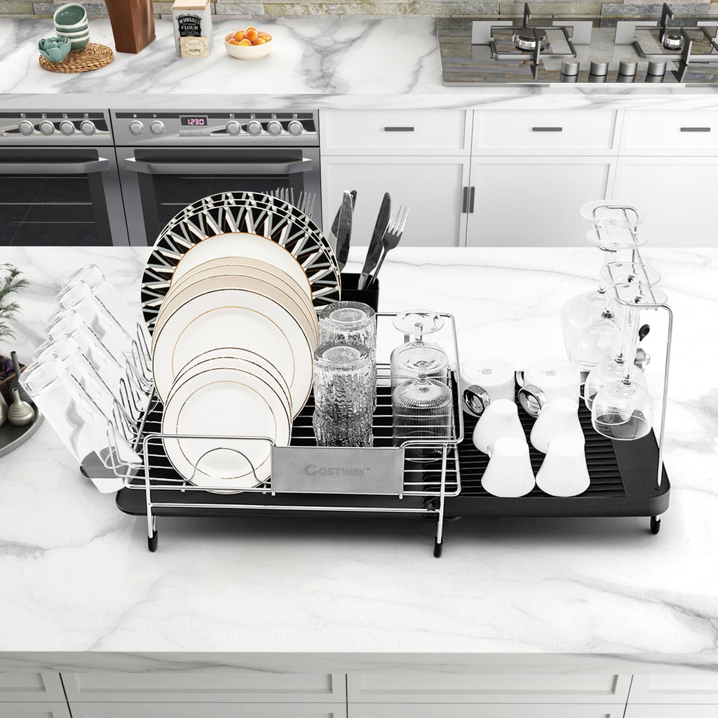Expanded black dish rack in a kitchen setting