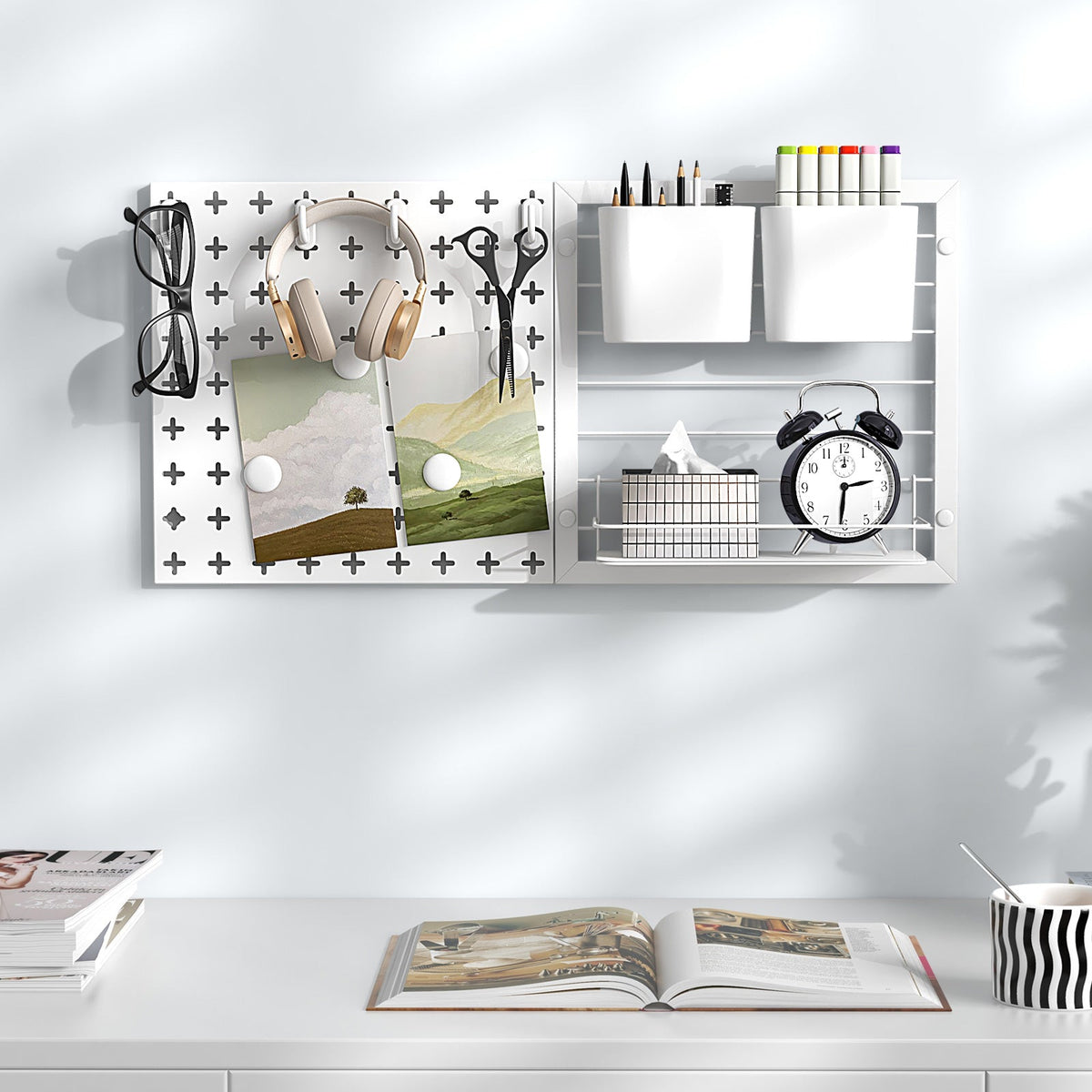 White pegboard organiser used at a desk; display items not included