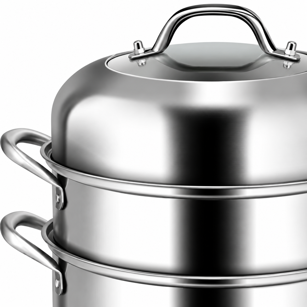 Close-up of steamer lid handle and upper tier