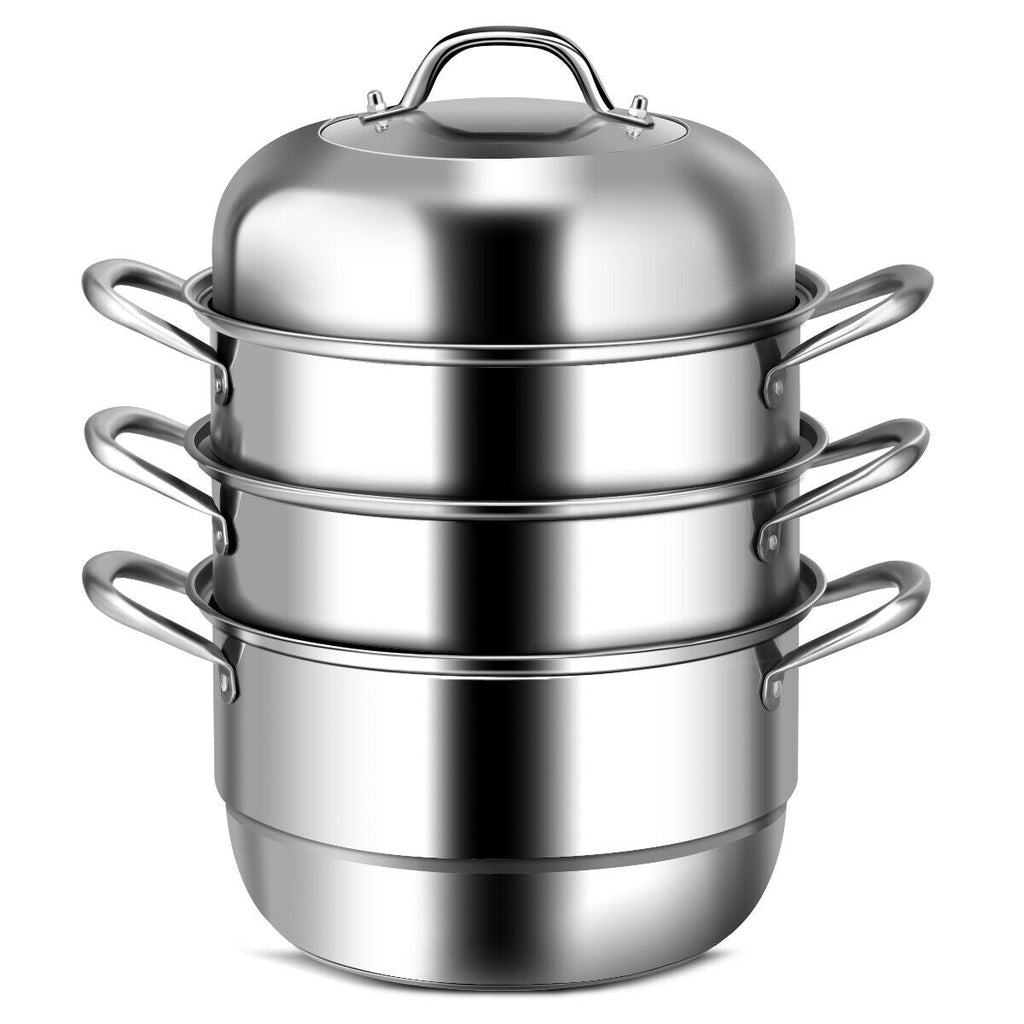 Assembled three-tier stainless steel stockpot and steamer on white background