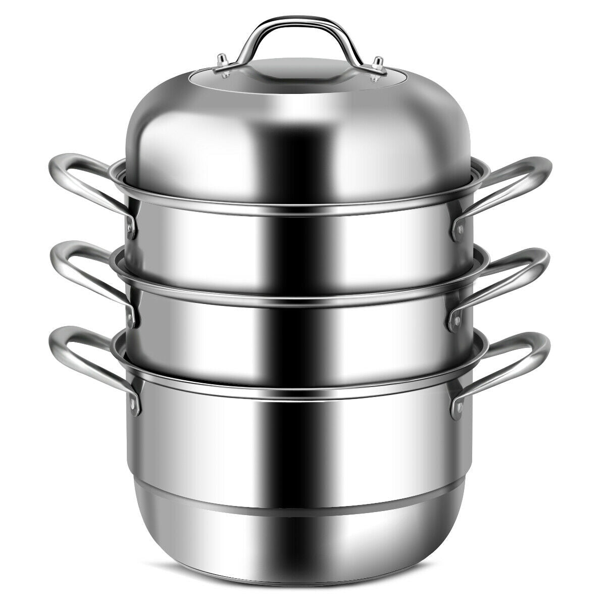 Assembled three-tier stainless steel stockpot and steamer on white background