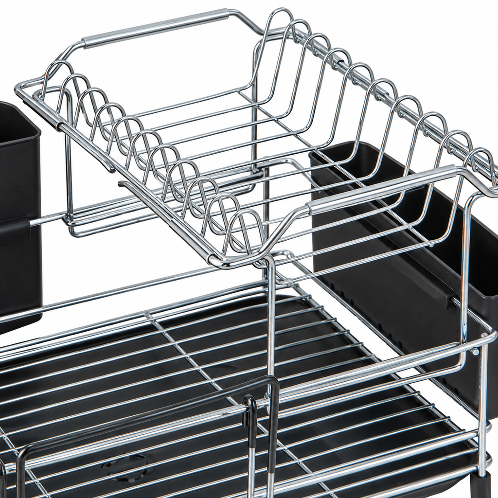 Close-up of silver dish rack removable upper tier