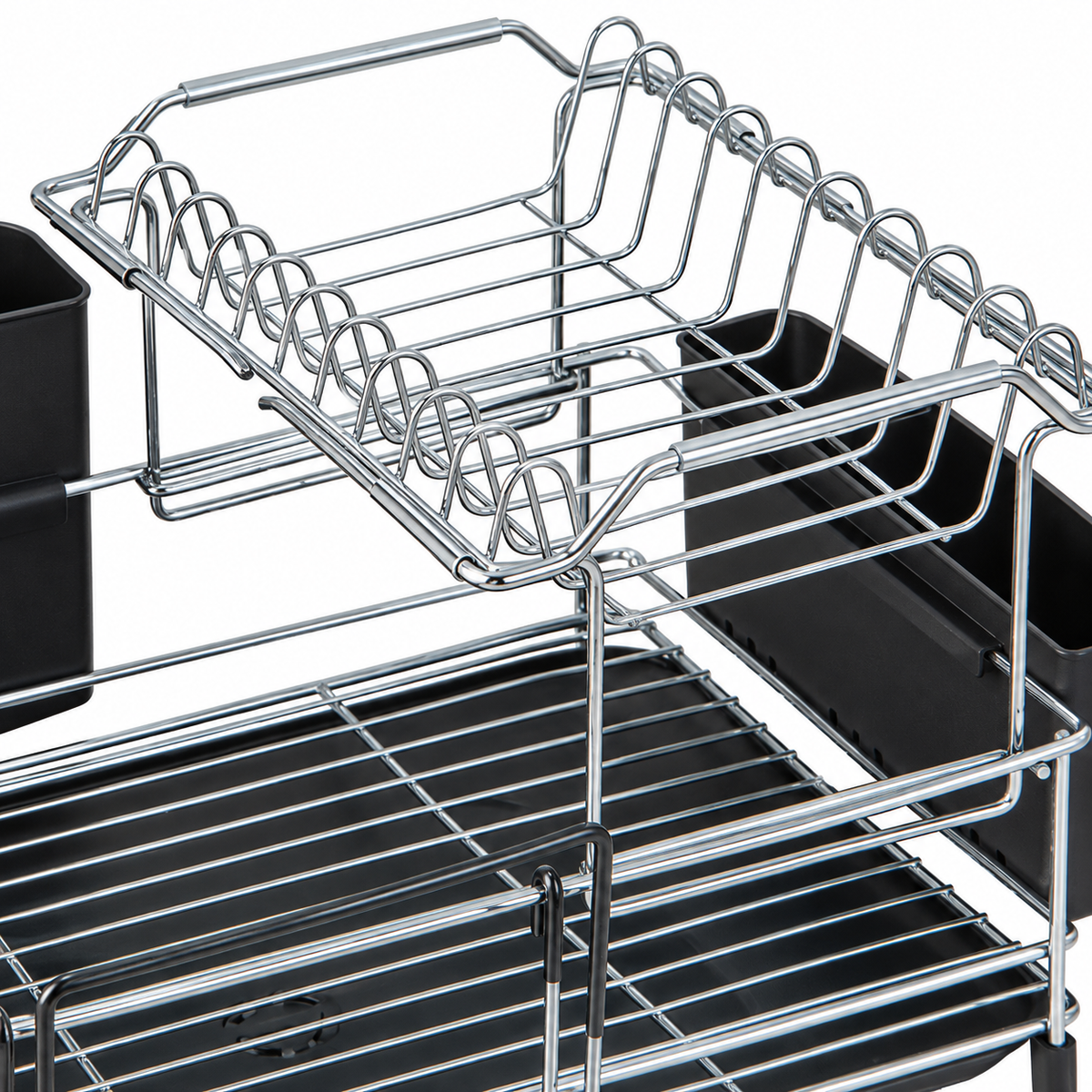 Close-up of silver dish rack removable upper tier