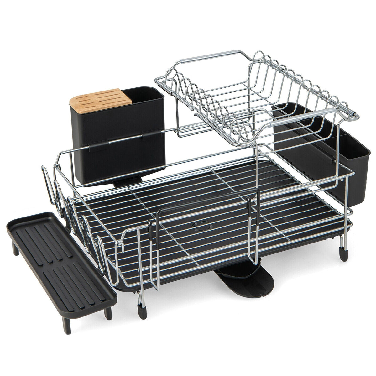 Silver two-tier dish rack on white background