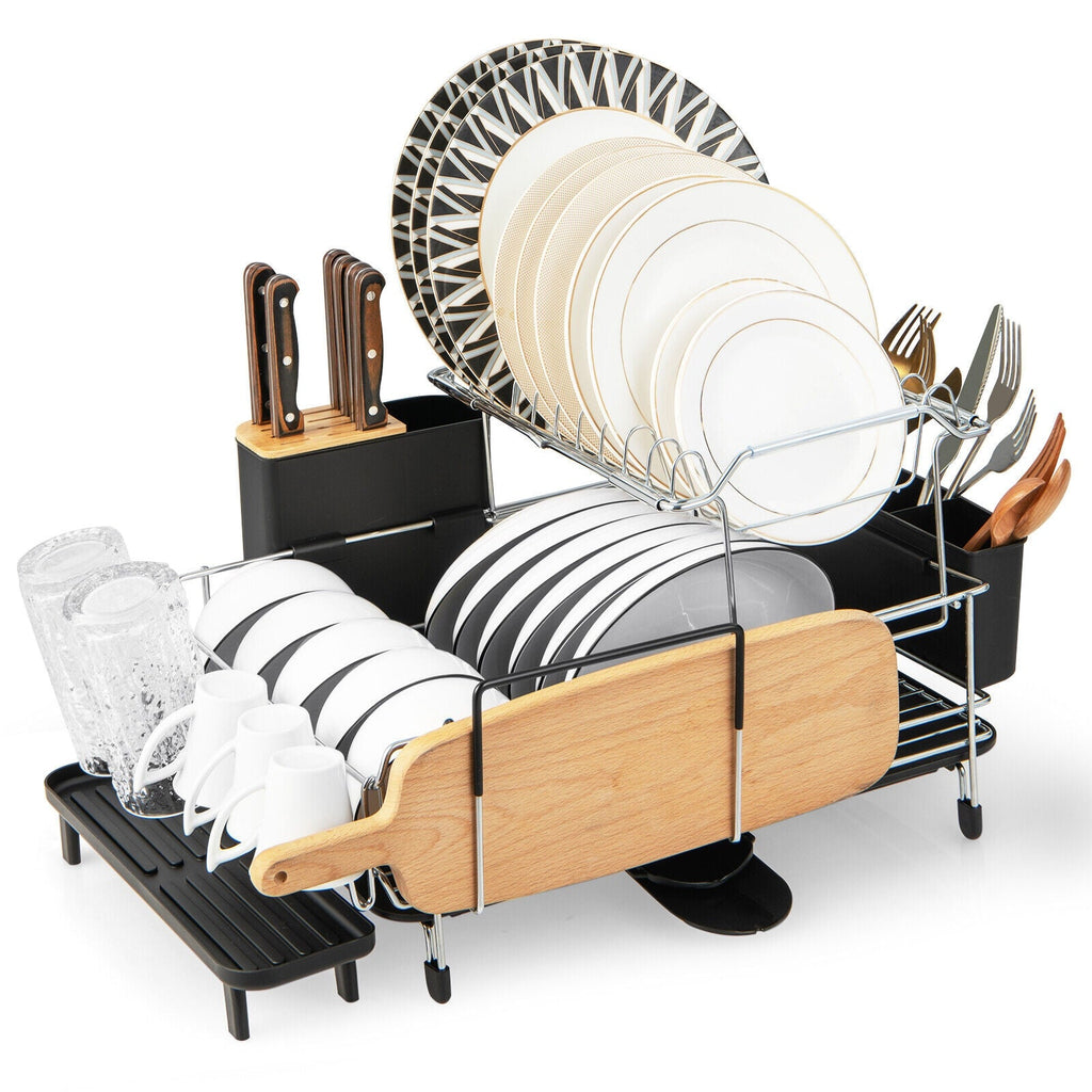 Silver dish rack holding dishes and utensils; display items not included