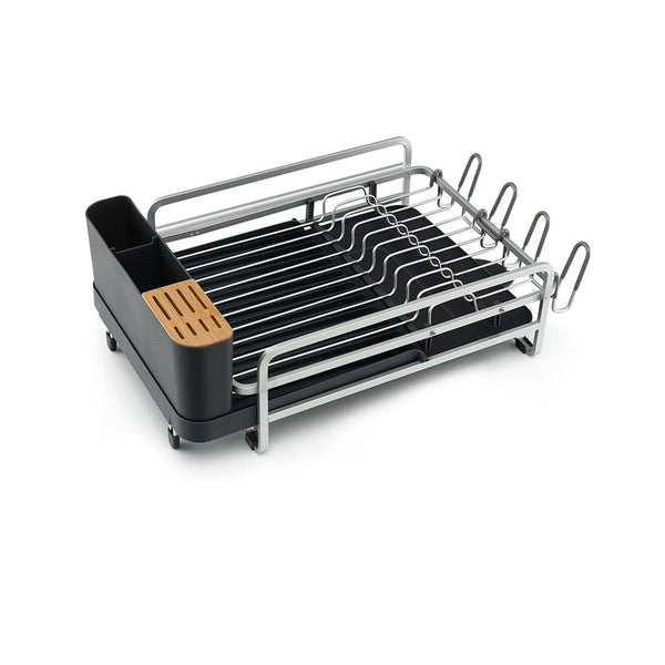 Aluminium expandable dish rack with bamboo knife block on white background