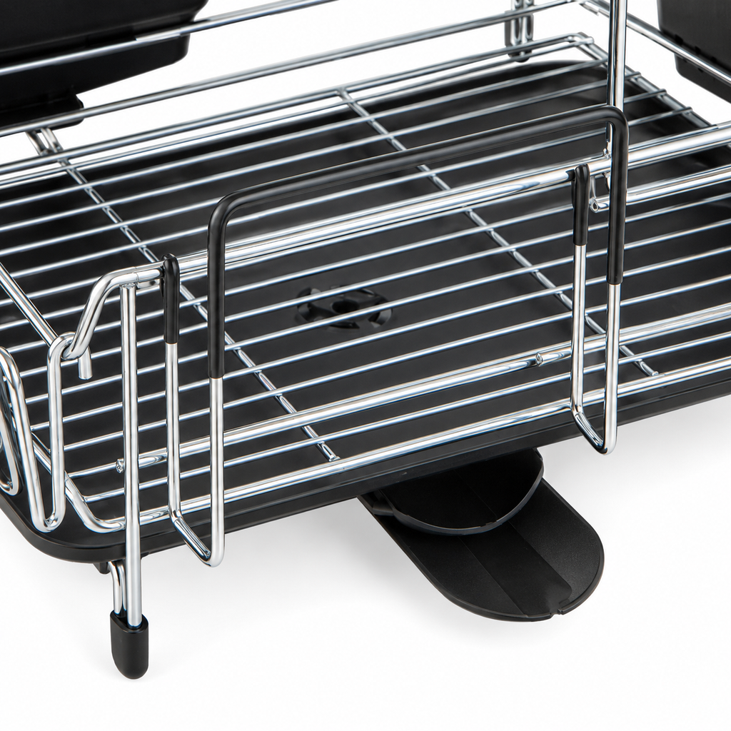 Close-up of the silver dish rack lower drainboard and swivel spout
