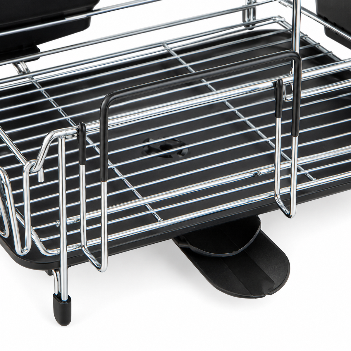 Close-up of the silver dish rack lower drainboard and swivel spout